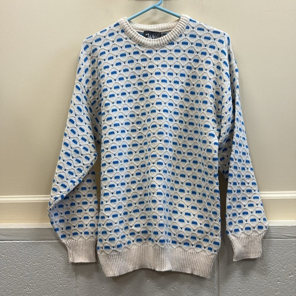 John Weitz vintage cotton Blue and White Men's Large Sweater